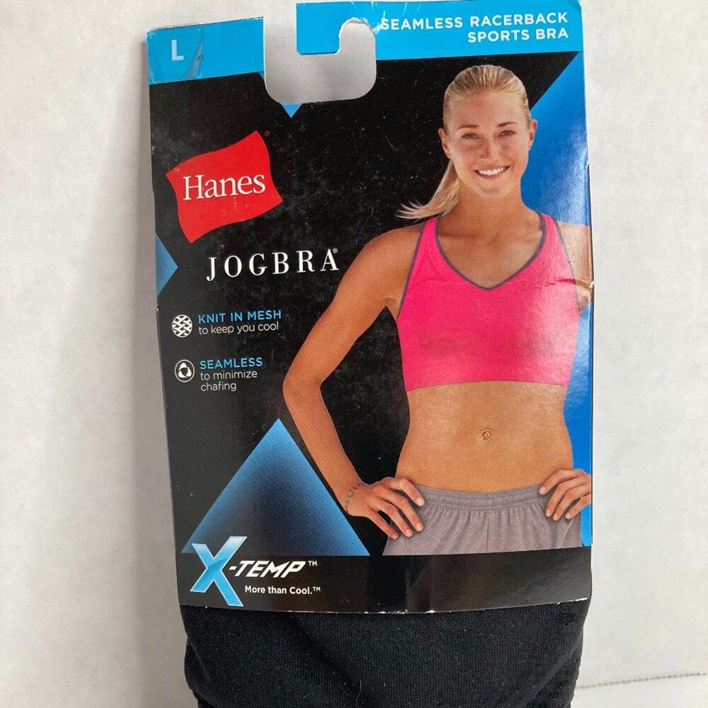 Hanes JogBra Racerback Sports Bra Large Black Ebony Seamless Knit in Mesh